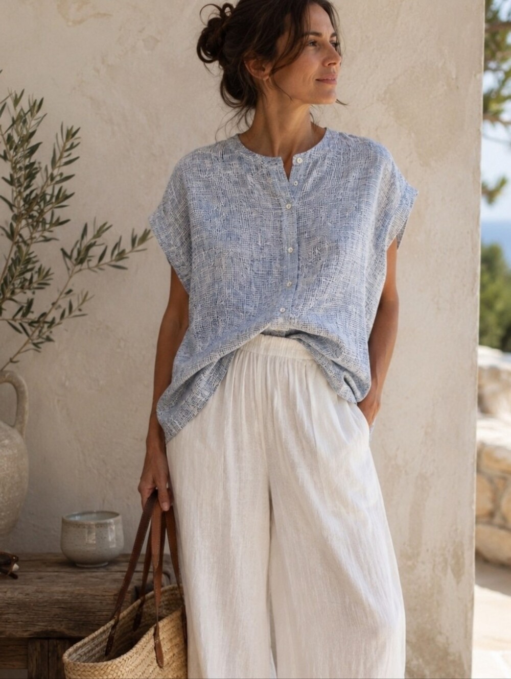 Tahari 100% Linen Oversized Boxy Top Blue White Coastal Quiet Luxury M